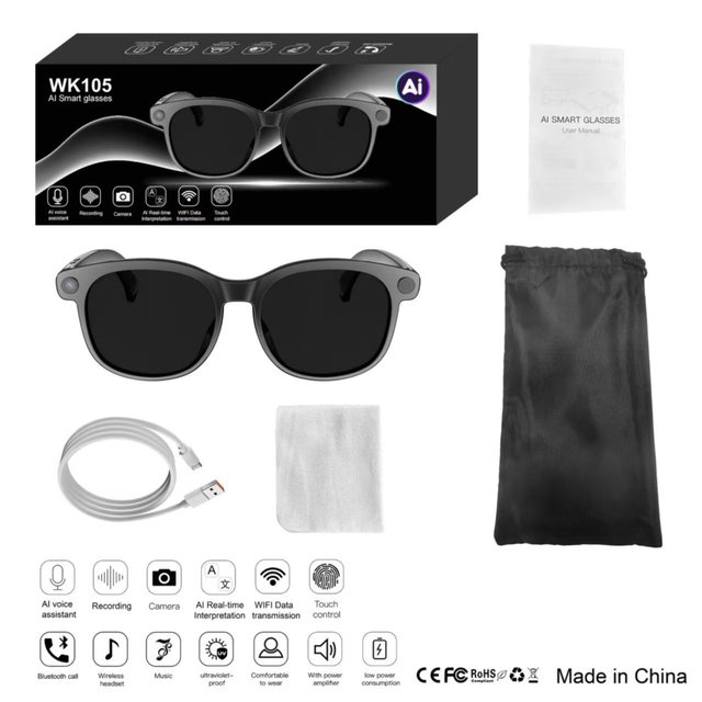 WK105 Smart BT AI Glasses 4K HD Camera 270mAh Blue Light 800W Anti-Shake Dual-mic Noise Cancellation Voice Translation Custom