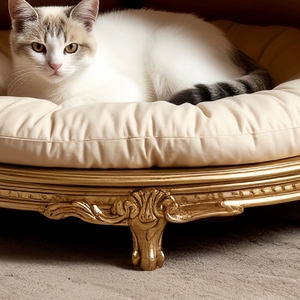 Maison pour chien et chat d'intérieur en velours haut de gamme beige antique, villa de luxe à feuilles d'or avec toit en forme de dôme, rafraîchissante, durable, amovible et lavable - Product Image 3