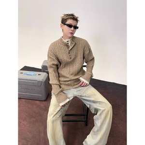 Suéter de Punto con Cuello Henley de Dos Piezas para Hombre, Suéter Holgado con Cuello Medio Alto Acanalado para Otoño e Invierno, Camiseta Interior - Product Image 6
