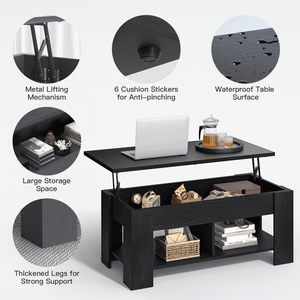 Mesa de centro con tapa elevable, compartimento oculto y almacenamiento, estantes abiertos separados, color negro - Product Image 2