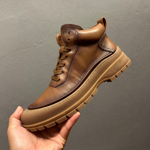 Martin <b>Boots</b> Genuine Leather Brown Fleece Lined Mid Heel Ankle <b>Boots</b> For Men Casual Fashion Solid Color Front Laces - Product Image 1