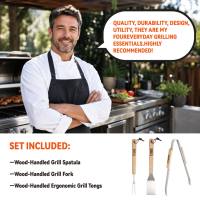 Ensemble d'outils de barbecue portables en acier inoxydable avec manche en bois de hêtre |   Accessoires de barbecue en plein air, spatule en bois massif