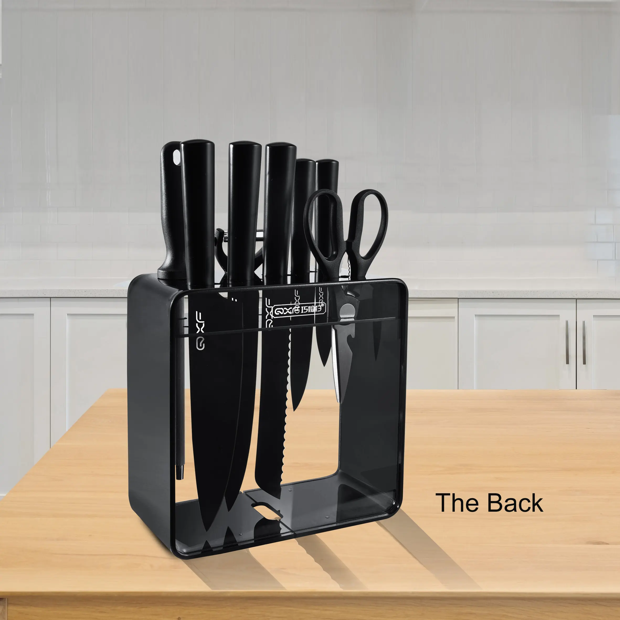 नई डिजाइन काले प्लास्टिक रसोई चाकू स्टैंड पारदर्शी स्पष्ट एक्रिलिक ब्लॉक चाकू धारक