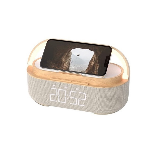 15W High-Power Fast Charging Stand for Hands-Free Communication S29 Wireless Charger New Wooden LED LAMP BT Speaker