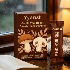 กาแฟเห็ดเพิ่มพลังสูตรอ่อนโยน OEM สำหรับขายส่งและรับผลิตแบรนด์ส่วนตัว 2 กรัม*20 ซอง กล่องลายเห็ดสองชนิดสีน้ำตาล - Product Image 2