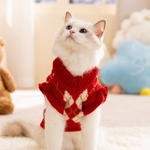 <b>Cat</b> Sweater Red Diamond Pattern Warm Winter Clothes For Small Medium <b>Cats</b> Pet Festival Style Cozy Knitwear - Product Image 2