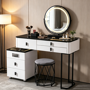 Black <b>Gloss</b> Top Vanity Set Round LED Ring Mirror 3 <b>Drawer</b> Side <b>Chest</b> Diamond Metal Frame Grey Cushion Stool Bedroom Makeup Desk - Product Image 5