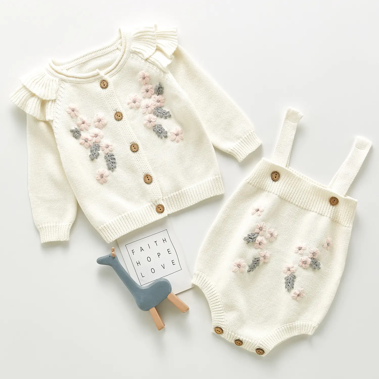 2021 fall winter newborn baby kids embroidery flower rompers infant toddler jumpsuit knitted 2 pcs clothing set 203S0404537