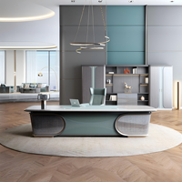 Bureau de direction moderne bleu de luxe avec chaise assortie, ensemble de bureau haut de gamme avec table incurvée pour PDG