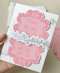 Carte de mariage de luxe en papier de coton texturé gaufré floral rose et blanc, avec bande décorative découpée et impression personnalisée sur vélin - Product Image 5