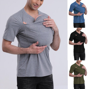 T-shirt en coton avec <span class=keywords><strong>poche</strong></span> <span class=keywords><strong>kangourou</strong></span> pour porte-bébé, vêtement d'été à manches courtes pour mère et père, t-shirt pour homme, sweat à capuche avec pochette pour bébé - Product Image 1