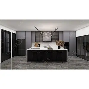 Gabinete de lujo moderno para colgar en la pared Puerta de vidrio de aluminio francés Juego de armarios de cocina Gabinetes