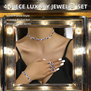 4-Piece Gold Plated Diamond Luxury Bride Wedding Jewelry <b>Set</b> for <b>Women</b>-Necklace Earrings Ring Bracelets <b>Gift</b> - Product Image 2