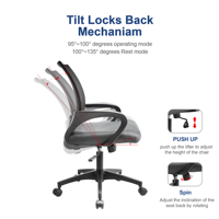 Chaise de bureau exécutive ergonomique en maille grise avec accoudoirs fixes, style moderne et populaire