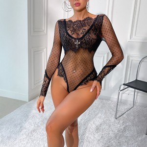 Body de Lencería Sexy con Puntos Negros y Malla, Manga Larga, Encaje Floral, Transparente, Ropa Interior Erótica para Mujer - Product Image 3