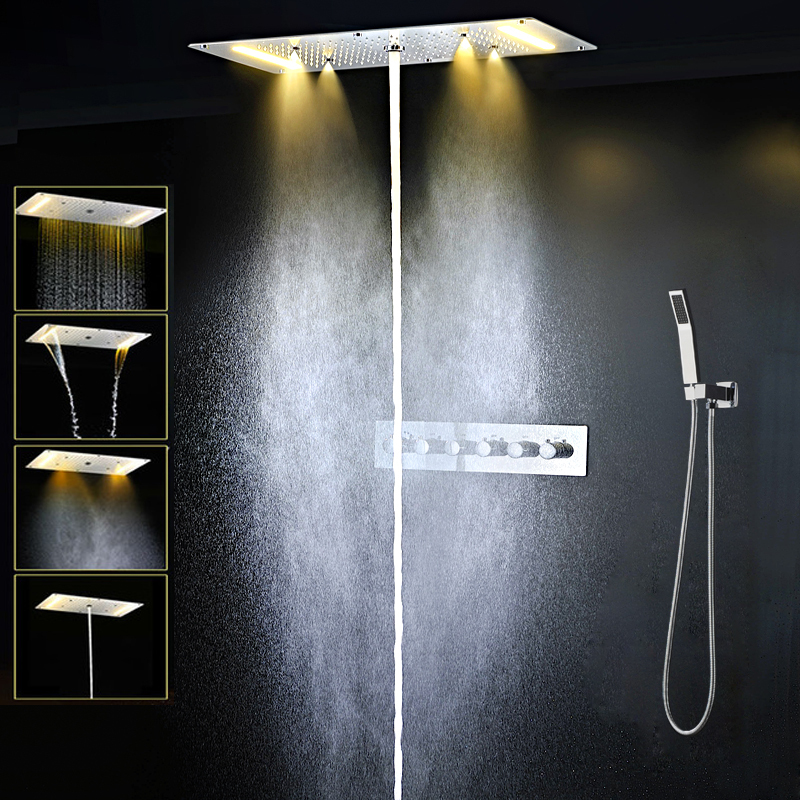 Chaud et froid LED douche 304 SUS plafond grand ensemble de douche de pluie, cascade, colonne brouillard