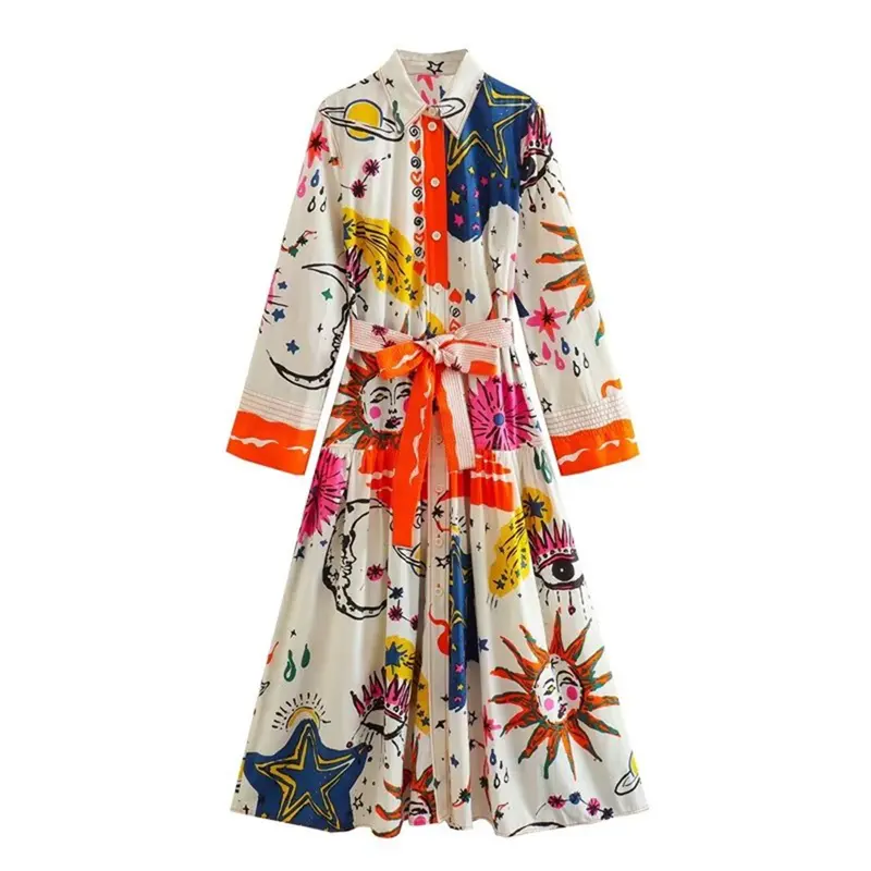 TAOP&ZA Women's Clothing 2023 Spring and Summer New Printed Dress with Belt Lapel Long Sleeves Line Decoration Fashion 2895076