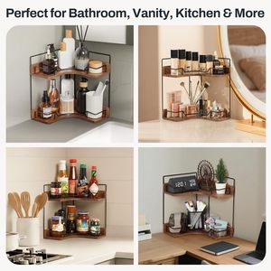 Estante de esquina para baño, estante de almacenamiento de madera de doble capa para artículos de tocador con barandilla, organizador de encimera - Product Image 2