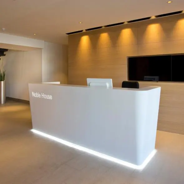 Glossy White Front Desk Reception Checkout Counters LED Office Room Decoration Reception Table