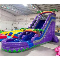 Toboggan aquatique gonflable double voie de qualité commerciale de 27 pieds avec palmier tropical en PVC pour parc de trampoline