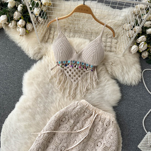 Gonna bohémien smodozed Set da donna estiva con pezza e nappine sul petto con spalline e mezza gonna sul fianco Set due pezzi - Product Image 2