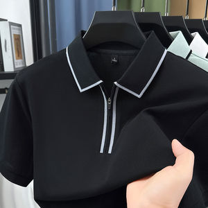 Polo de manga corta para hombre, de algodón de color liso, con media cremallera, informal, fresco para verano, de alta calidad, con cuello tipo solapa - Product Image 3