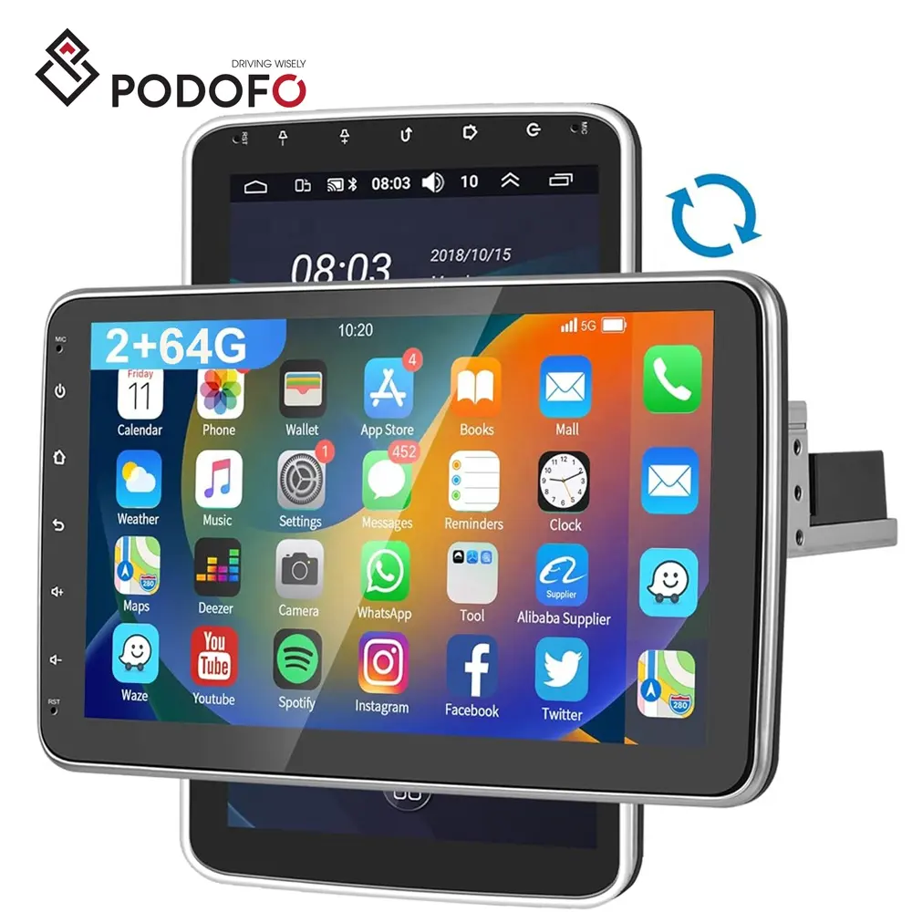 Podofo 10 Inch 1 Din Androidカーラジオステレオ + 64G Autoradio 180度回転式タッチスクリーンGPS Wifi RDS