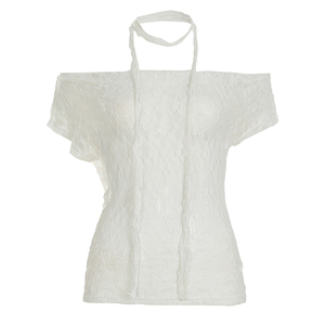T-shirt doux et délicat à coupe classique, en dentelle, épaules dénudées, couleur unie, manches courtes, respirant, imprimé numérique, pour femme, idéal pour l'été - Product Image 6