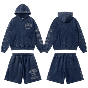 Tuta da uomo personalizzata in cotone pesante con cappuccio <span class=keywords><strong>termico</strong></span> in spugna, ricamo vintage, patch, lavaggio effetto strappato e strass 2ky - Product Image 1