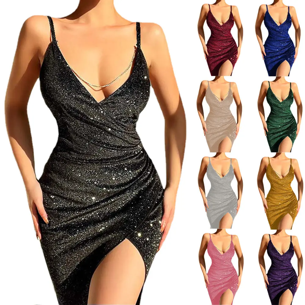 S-3XL New Night Club Style casual dress Luxury Glitter Deep one piece V Sexy Suspender Cami Women Dress