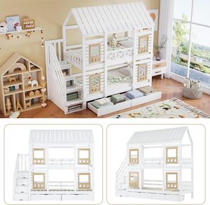 90 X 200 cm Double <strong>Bed</strong> Slatted Frame <strong>Pine</strong> + MDF Kids' Cabin <strong>Bed</strong> <strong>Bed</strong> 2 Drawers 4 Windows Storage Ladder Fall Protection Bedroom - Product Image 4