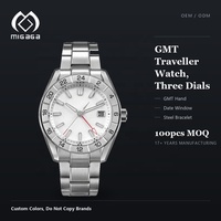 Montre GMT personnalisée Migaga pour homme, avec fenêtre de date, quartz, acier inoxydable, double fuseau horaire, analogique, montre personnalisée