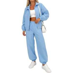 Ensemble de survêtement 2 pièces personnalisé pour femme, bleu clair, manches longues, couleur unie, veste coupe-vent et pantalon, tenue décontractée - Product Image 1