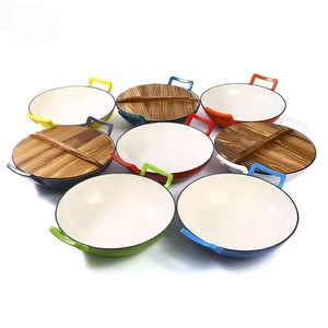 High Quality Big Size <strong>Non</strong> <strong>Stick</strong> 36cm Enamel Cast Iron <strong>Wok</strong> Pan With Wooden Lid - Product Image 2