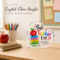 Plaque en acrylique transparente en forme de cœur avec support de base blanc, citation d'enseignant imprimée, décoration de bureau pour la maison, le bureau, la salle de classe, l'étagère
