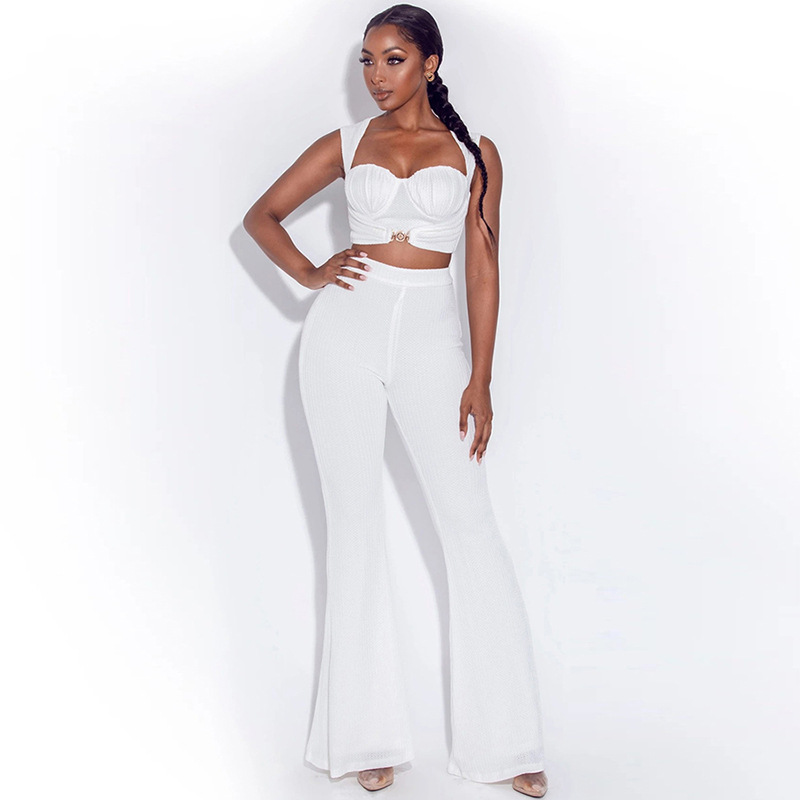 Women clothing high waist fashion casual suits sleeveless crop top two piece pants suit set wide leg pants