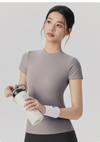 Atasan Lengan Pendek Wanita Bahan Spandex/Nylon Bernapas, Kerah Bulat, Model Regular Fit, Logo Depan, untuk Fitness, Yoga, dan Olahraga di Gym