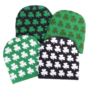 Clover Pattern <b>Beanie</b> Hat Knit Unisex Winter Headwear <b>Green</b> Black White Leaf Design Casual Style Adult Fit - Product Image 3