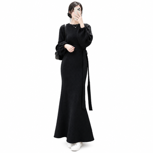 Women's Black Knitted Maxi <b>Sweater</b> Dress Long Sleeve Crew Neck Fit And Flare With Belt Autumn Wear - Product Image 1