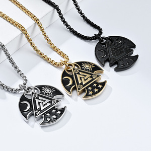 Collier hache de combat viking nordique Odin en acier inoxydable, pendentif unisexe avec motif soleil, lune et étoiles, breloque à thème géométrique - Product Image 2