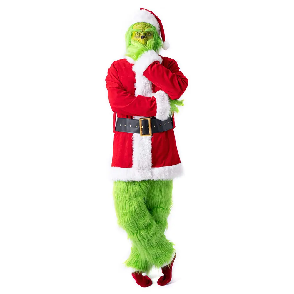 Yetişkin noel partisi tulum kürklü yeşil canavar Grinches garip noel baba Set Cosplay kostüm yetişkin için FCDR-004