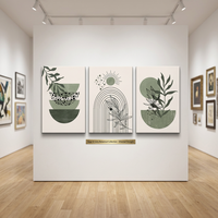 Ensemble d'art mural bohème minimaliste vert sauge et beige, 3 impressions sur toile encadrées brillantes avec des motifs géométriques de lignes, de feuilles, de soleil et de lune