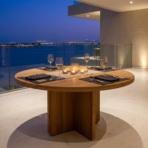 Mesa de Comedor Redonda de Teca Moderna para Exteriores, Resistente a la Oxidación, de Grado Comercial, para Terrazas de Hoteles y Proyectos de Resorts - Product Image 1