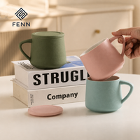 Mug en grès mat fait main FENN avec couvercle, logo personnalisé, mugs à café en céramique avec boîte cadeau pour le bureau, la maison, vente en gros