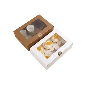 Stock Kraft 2 4 6 12 Cupcake Box Sets Pastry Gift Box with Clear Window Accept Logo Custom for Macarons Bakery Food Packaging