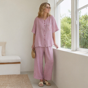 Conjunto de camisa y pantalones de mezcla de lino y algodón para <span class=keywords><strong>mujer</strong></span>, conjunto de dos piezas de manga corta y pierna ancha, ropa de dormir para exteriores SOFT09 - Product Image 2