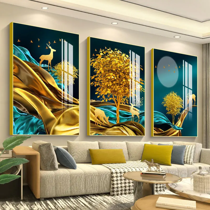 Decorazione murale moderna di lusso personalizzata nordica 3 pezzi di cristallo astratto porcellana pittura artistica da parete per soggiorno decorazioni per la casa