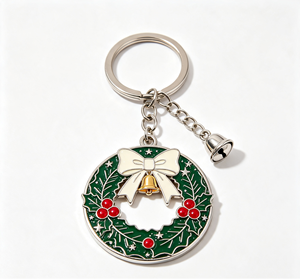 Porte-clés de Noël personnalisé en métal, avec couronne de fêtes, pendentif cloche émaillé, en alliage de zinc, cadeau souvenir - Product Image 1