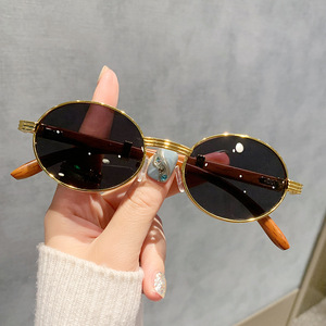 New Retro Faux Wood Grain Sunglasses UV400 Protection Men's Women's Trendy European American Fashion Oval Metal for Children - Product Image 4