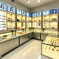 Présentoir à lunettes moderne en verre argenté et métal à plusieurs niveaux avec éclairage LED pour armoire autoportante